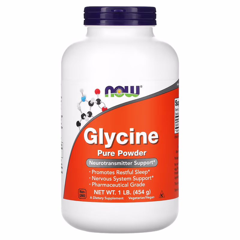 Boks med rent glycinpulver fra NOW Foods, 454 g